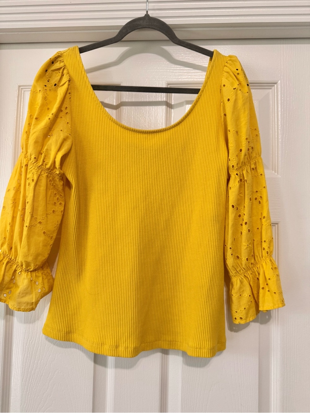 Who What Wear Yellow Eyelet Puff-Sleeve Knit Top